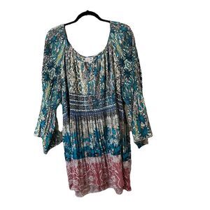 Avenue Blue Pink Paisley Floral Bell Sleeve Pleated Tunic Top Womens Size 30/32
